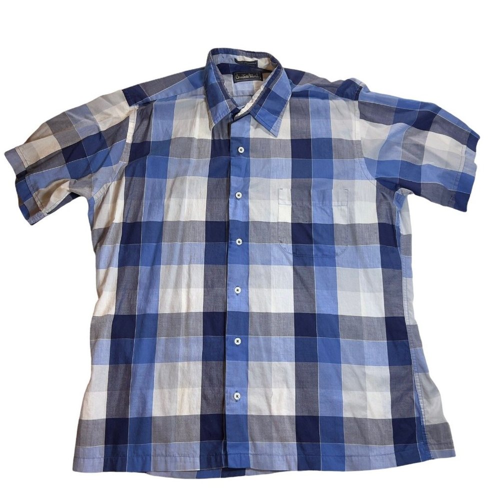 VTG Countess Mara Blue Plaid SS Mens Button Down‎ Shirt Single Stitch-Large READ